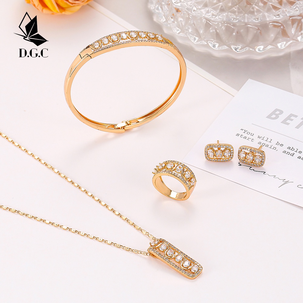 D.G.C COD Dewasa Titanium Lapis Emas Set Perhiasan Titanium Anti Karat Anting Korea Kalung Wanita Gelang Tangan Wanita Cincin