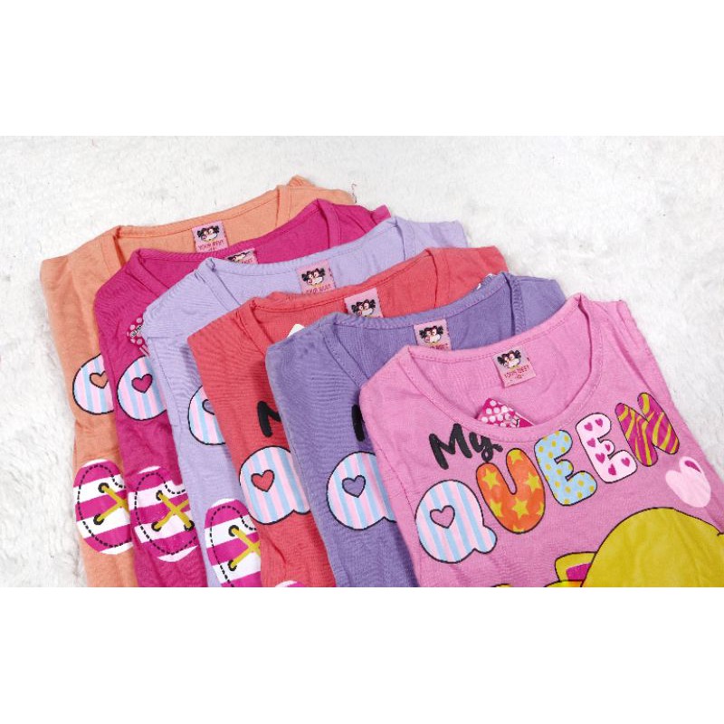 SETELAN BAJU ANAK PEREMPUAN SR14 CELAN JOGGER MOTIF MY QUENN BAHAN KAOS GAMBAR SABLON 2-7 TAHUN