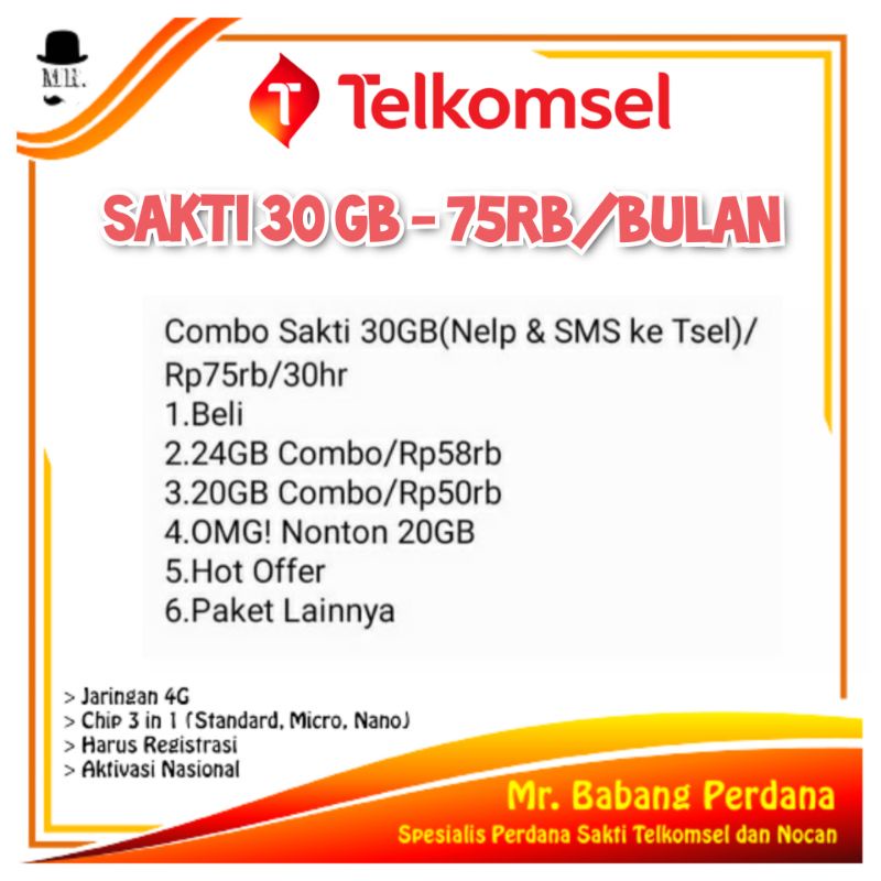 Telkomsel Combo Sakti 30GB 75 Ribu / Bulan