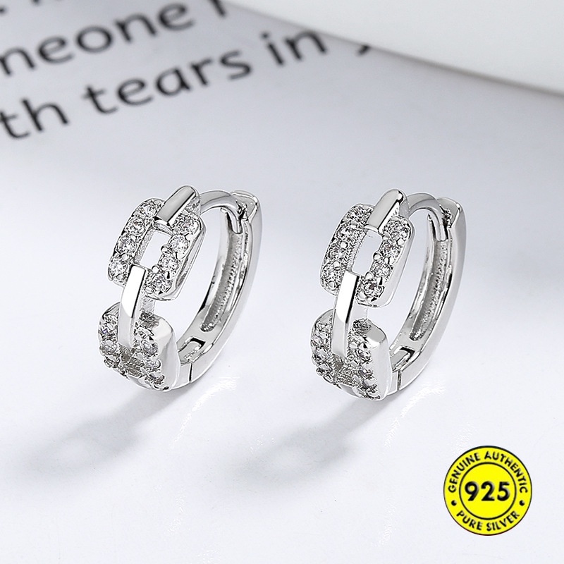 Anting Klip Rantai Geometris Aksen Berlian Tahan Air Anti Alergi Untuk Wanita