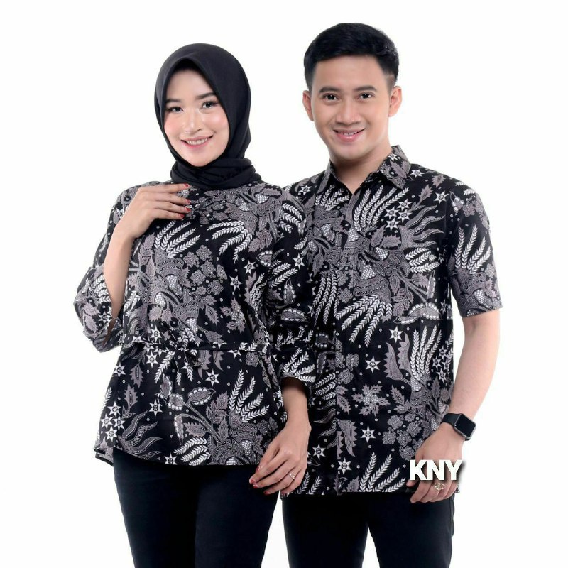 Batik Couple Atasan Blus Batik Kemeja Batik Pria Seragam Kantor Motif Manggar Abu