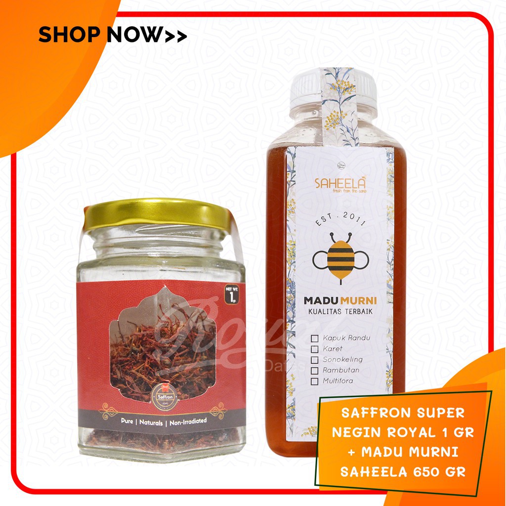 

[COD] PAKET Saffron Super Negin Royal 1 Gram dan Madu Murni Saheela 650 gram