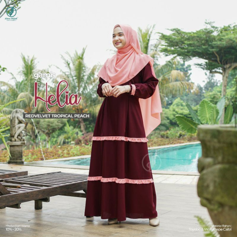 Alwa Hijab Gamis Helia Redvelvet Trofical Peach size M/ Gamis Only/ Gamis Alwa