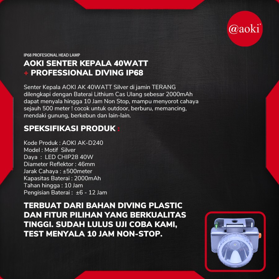 [PROMO HEBOH] SENTER KEPALA PREMIUM PROFESIONAL DIVING ORIGINAL AOKI DK-340 40WATT TAHAN HINGGA 10 JAM