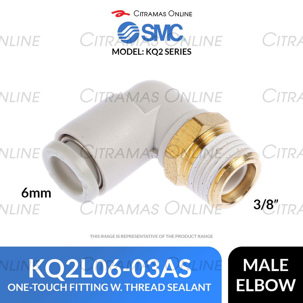 Black SMC KQ Series Brass Push-to-Connect Tube Fitting 3/8 Tube OD x 3/8 NPT Male 90 Degree Elbow with Sealant 