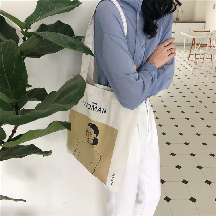 Twenty Bag - Tas Tote Bag Wanita Non Resleting Terbaru 2021 Aesthetic Kekinian Motif Carakter WOMAN Korea Style Multifungsi