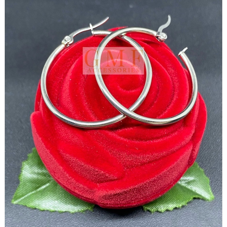 Anting Titanium Bulat Hoop Warna Perak Anting Gipsy Anti Karat Stainless Steel-3,5cm