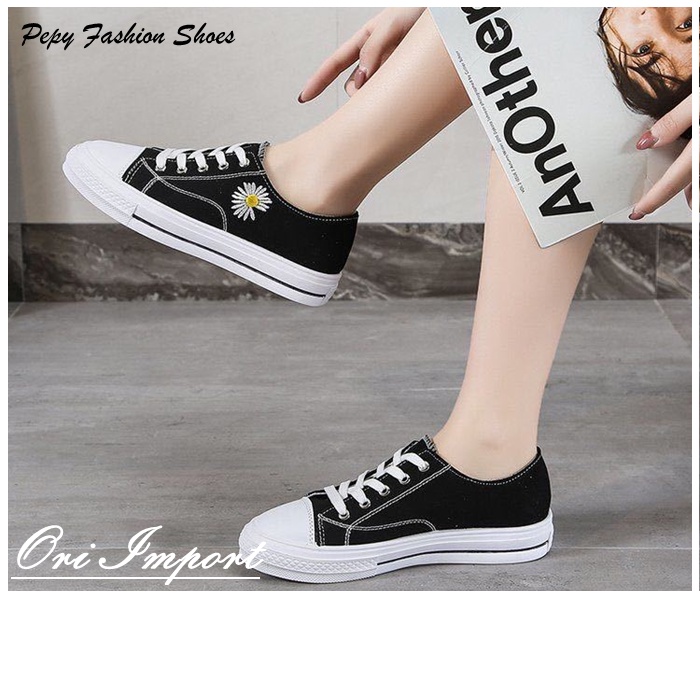 Sepatu Sekolah  Wanita Kain Canvas Kanvas Import Premium Motif Bunga Seoatu Casual Kasual Cewek Anak