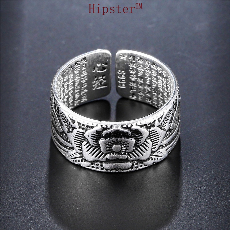 Popular Ethnic Style Features Carved Lotus Hannya Shingyo Ring