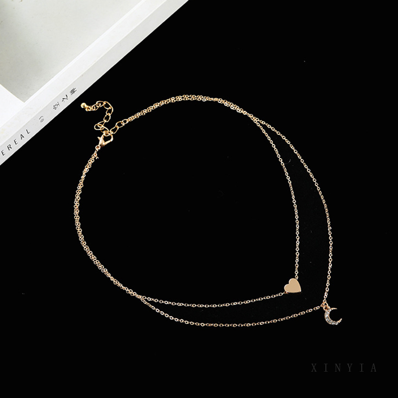 Kalung Rantai Multilayer Dengan Liontin Hati Dan Bulan Untuk Wanita