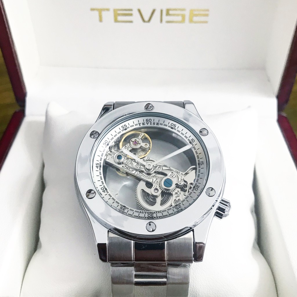 (COD) Jam Tangan Pria Original Automatic Otomatis Ori TEVISE Treasure Silver Steel Rantai Transparan