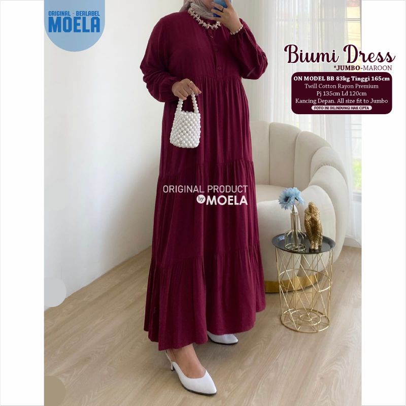 Biumi Dress Gamis Polos Jumbo Allsize Busui Premium Twill Catton Rayon Original Ori Moela Berlabel-Biumi maroon