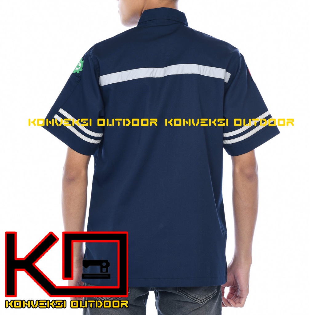 KEMEJA WEARPACK BAJU SAFETY K3 OUTDOOR INDOOR - Seragam Kemeja Kerja Lapangan Lengan Pendek Proyek Bangunan Tambang Alat Berat PLN Enginer Instalasi Mesin werpek sefti Scotlit Warna Navy Konveksi Outdoor