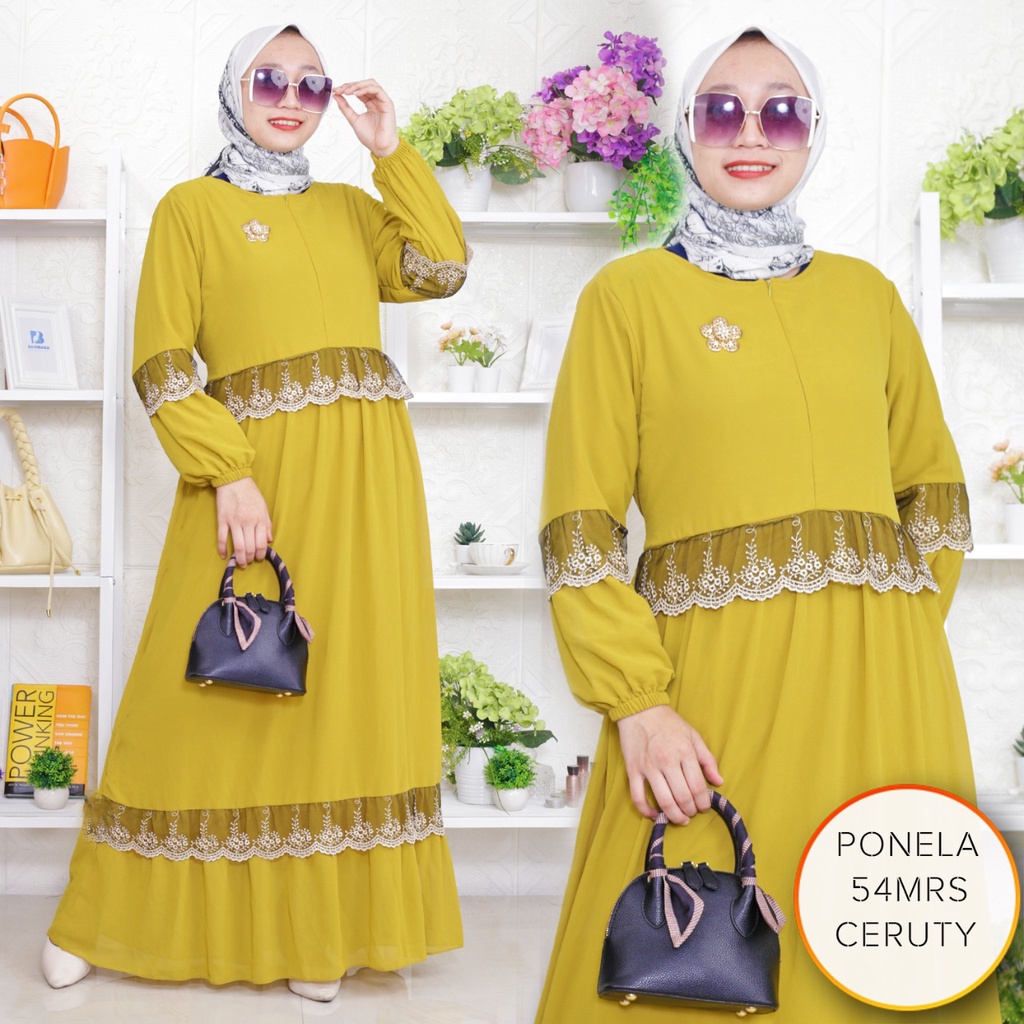 Gamis Ceruty Full Furing Busui Sleting Lengan Balon Renda Umpak Bawah Keliling Ponela