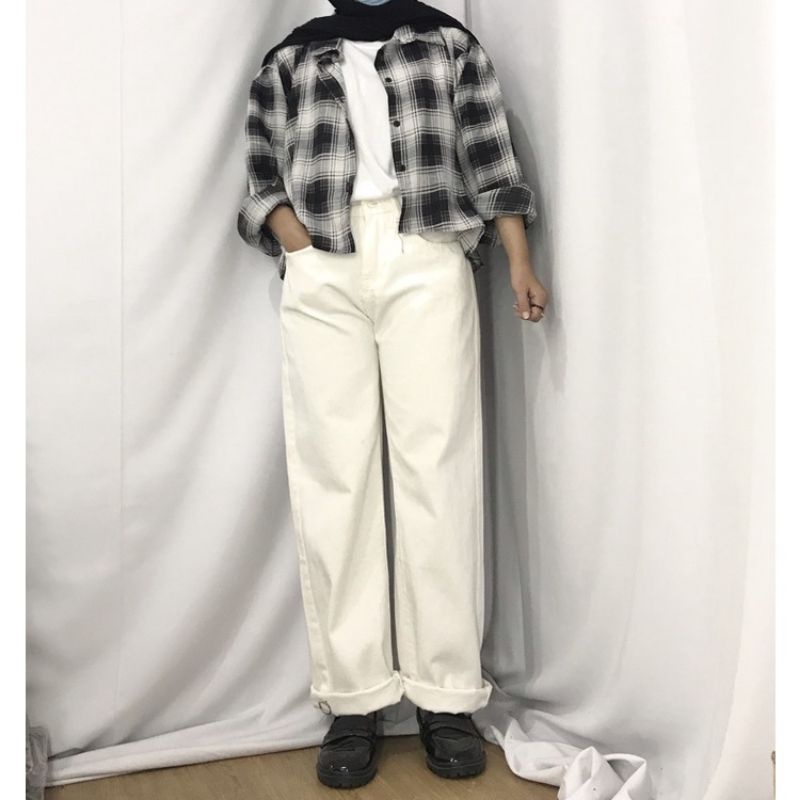 Kemeja wanita casual lengan balon /oversize shirt Tartan crop/kemeja crop kotak oversize-Black-silver