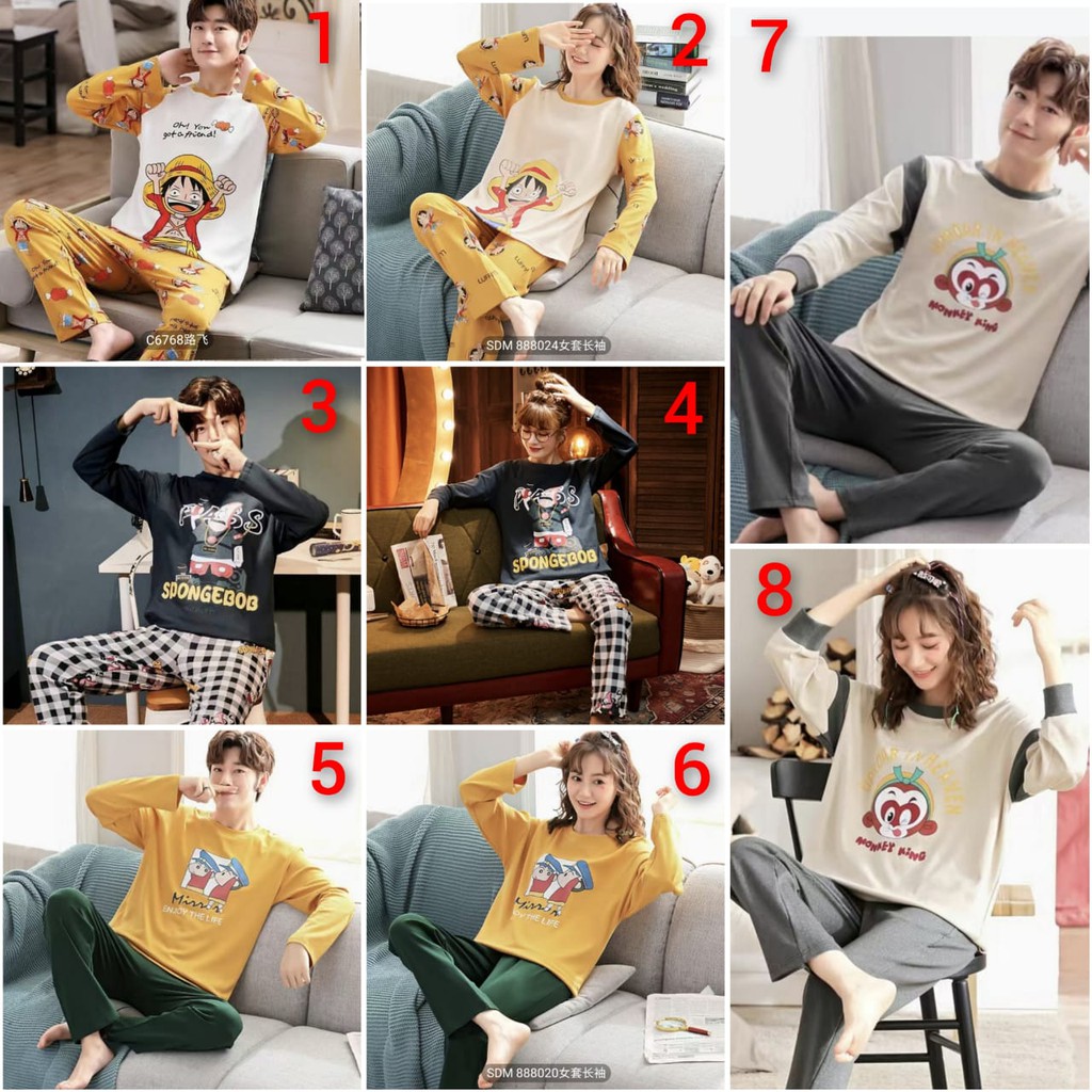 BAJU TIDUR PIYAMA CEWEK COWOK COUPLE PP KAOS TEBAL IMPORT BERKUALITAS LENGAN PANJANG SETELAN CELANA PANJANG MOTIF KARTUN TERBARU KARAKTER WARNA CERAH SIZE M-XXXL FIT TO 85KG