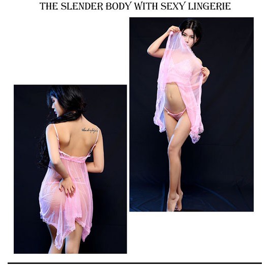 Lingerie Wanita Sexy Piyama transparan Nightdress Set G String A125-pink
