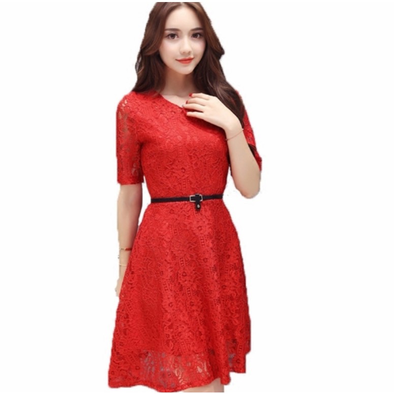  Fashion  Wanita  lace Dress O Neck Slim Bahan Lace dengan 