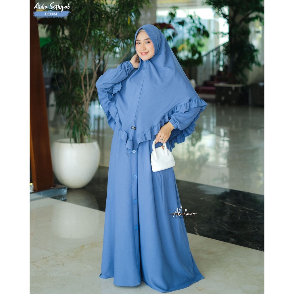 Gamis AULIA Original By Alfaro branded set khimar Itycrepe Premium Kancing TERBARU al faro-DENIM