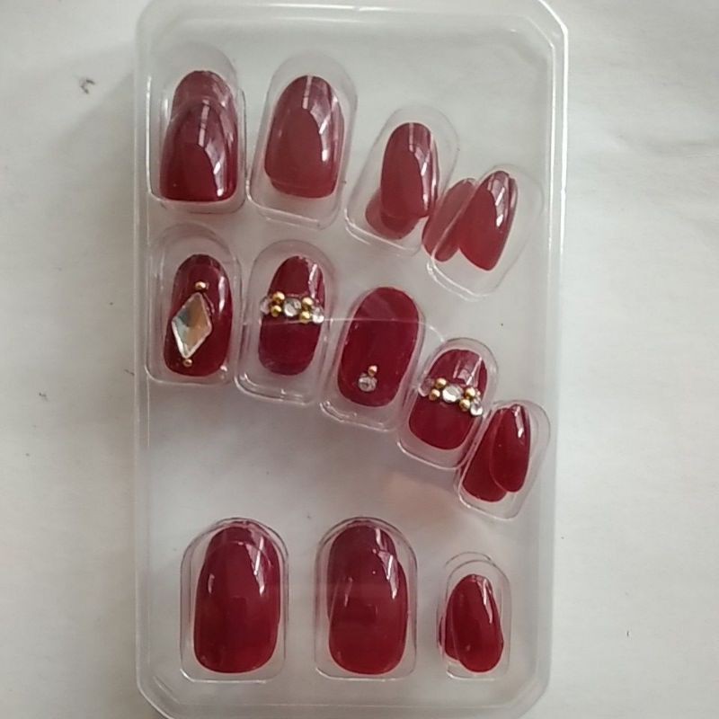 Kuku Palsu Merah Hati dengan permata imitasi untuk pesta/fake nails red isi 24 kuku/kuku palsu Red