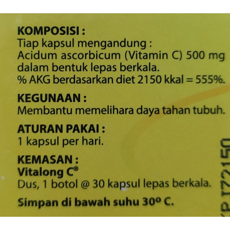 Vitalong C 30 Kapsul / VITAMIN C 500 MG / ZINC