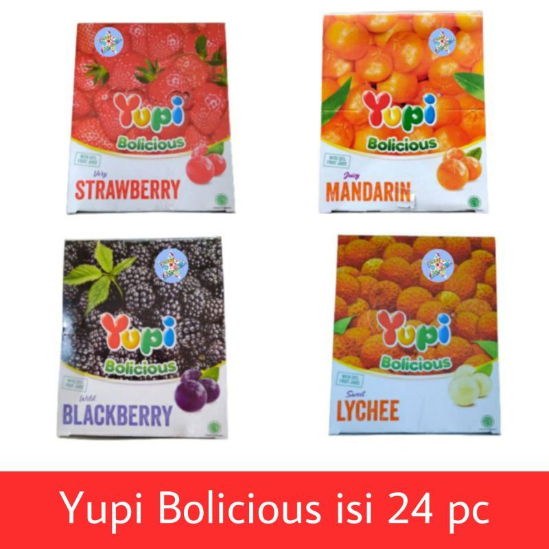 

YUPI BOLICIUS 24PCS 4 VARIAN RASA LECY STOWBERY BLACK BLACKBERRY MANGGA MANDARIN