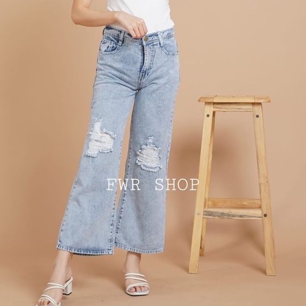 FWR - Celana Kulot Jeans Sobek Ripped Pants Furing 4684