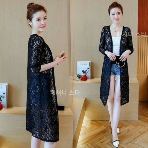 Kardigan Outerwear Wanita  Gardigan Cardigan Auter Cewek Panjang Kekinian Import Korea Bahan Brokat-Black