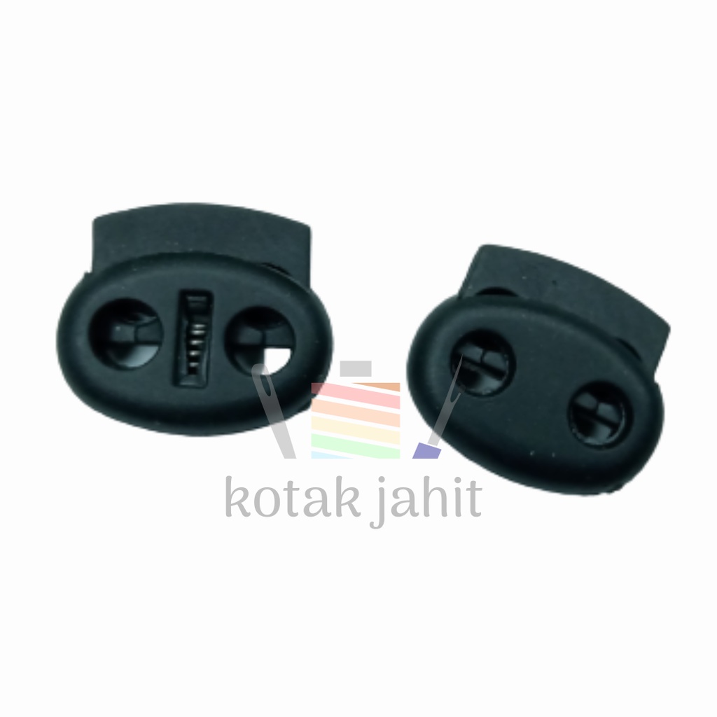 stopper tali 2 lubang isi 100 pcs stoper cord serut bahan plastik warna hitam gepeng compo tali kur 