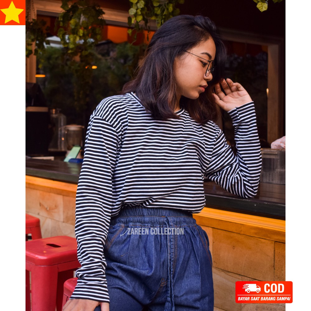 T Shirt Basic Stripe Salur Hitam Putih Lengan Panjang Pria Wanita Cotton Premium