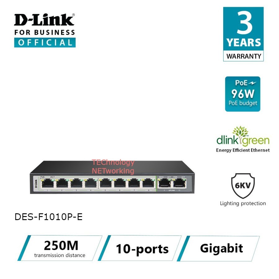 D-Link DES-F1010P-E : DLink 10-Port 10/100 Switch With 8 PoE Ports