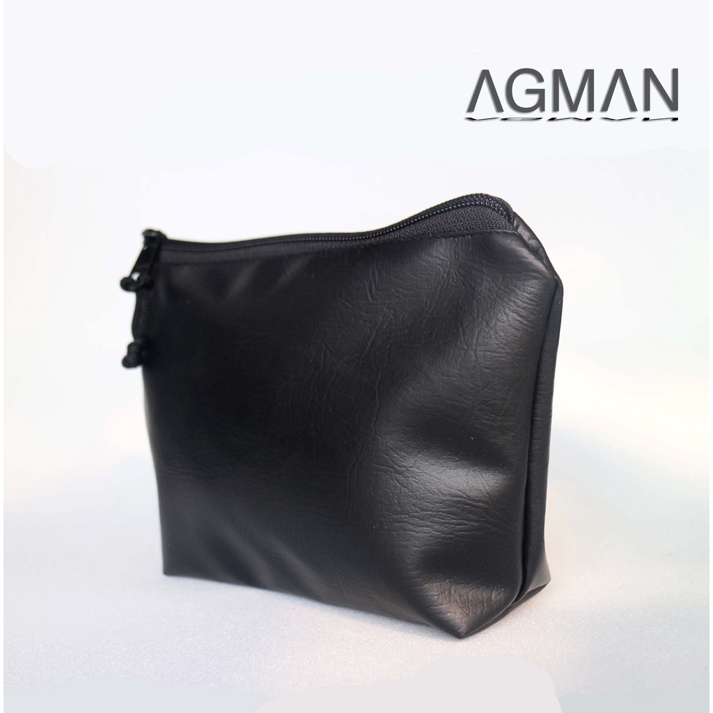 AGMAN Pouch Travel Organizer Alat Mandi Waterproof Pria Kulit Sintetis Warna Hitam Polos