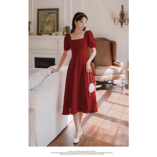 [MikanHiro Store]square neck temperament over the knee red dress women's summer 2022 new western style retro this year's most popular skirt