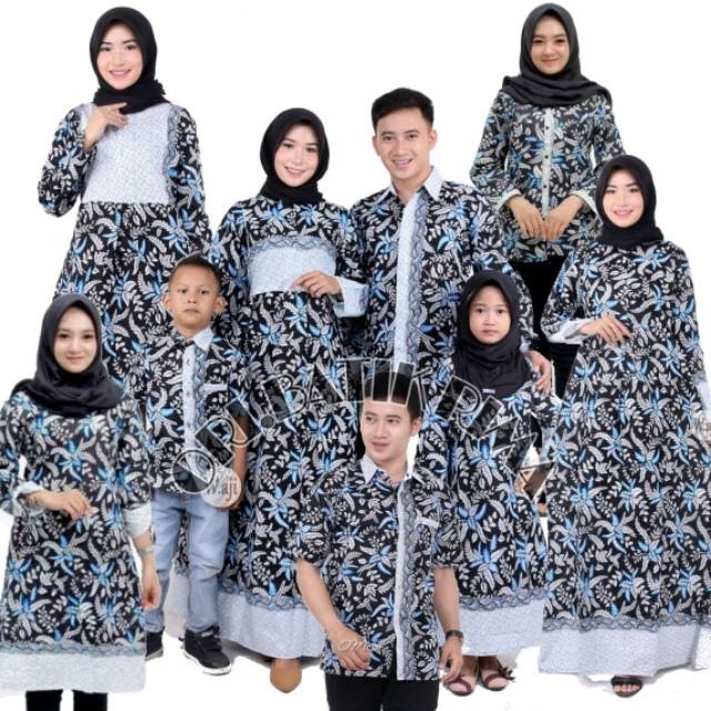 Promo Batik Couple Keluarga Sarimbit Sania Ruffle Batik Ori Ndoro Jowi Motif Blarak Biru