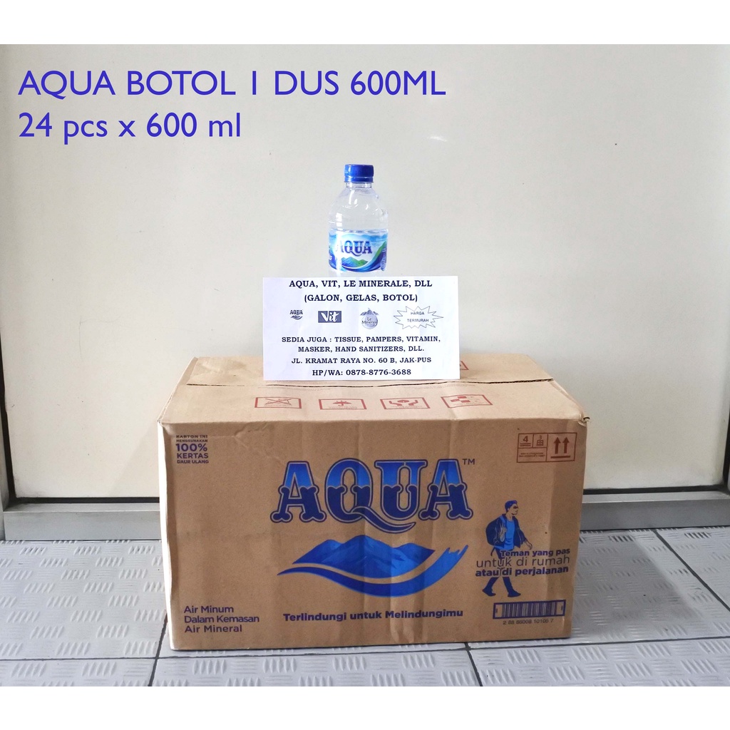 Aqua Botol Air Mineral 600 ml 1 Dus Isi 24 (Gojek/Grab)