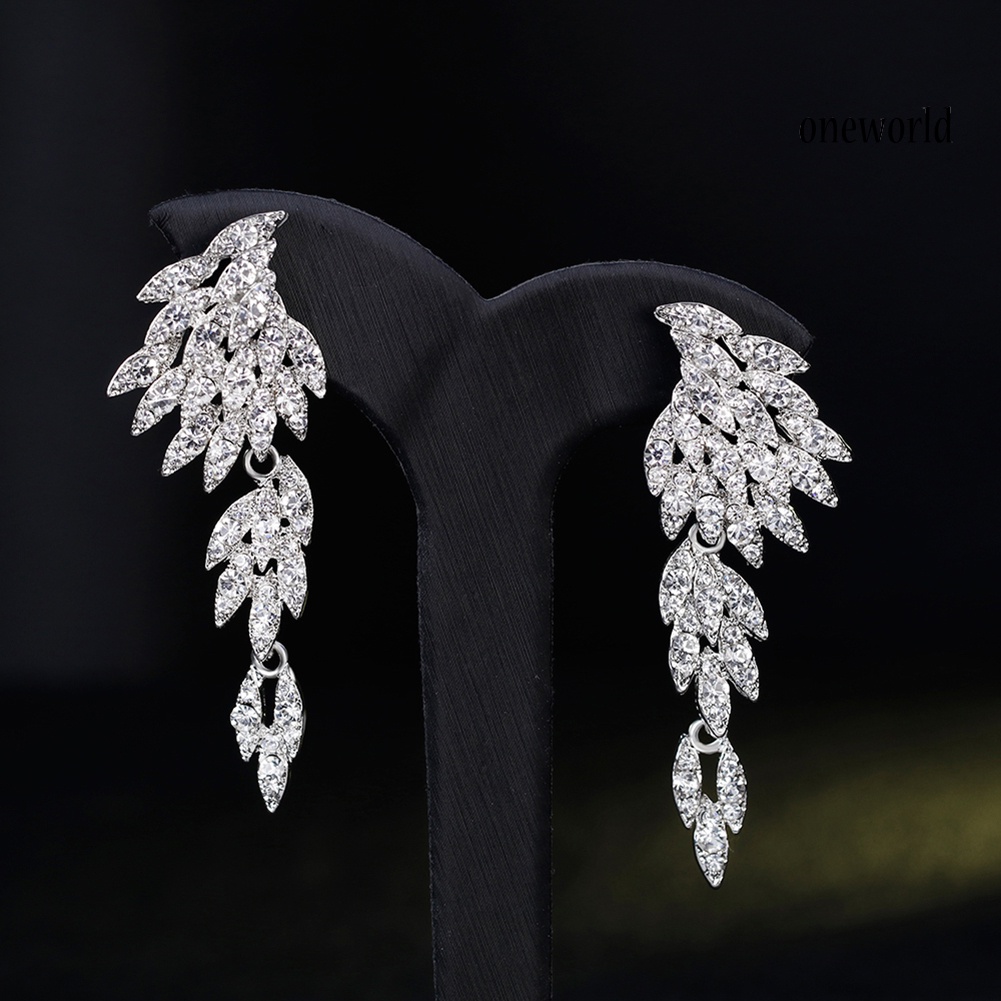 OW@ Elegant Full Rhinestones Wing Dangle Drop Pierced Earrings Women Wedding Jewelry