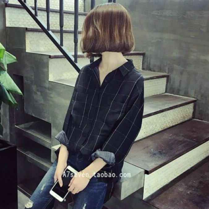 YBBelavia Baju atasan blouse motif kotak lengan panjang wanita import baju celana cewek navy import