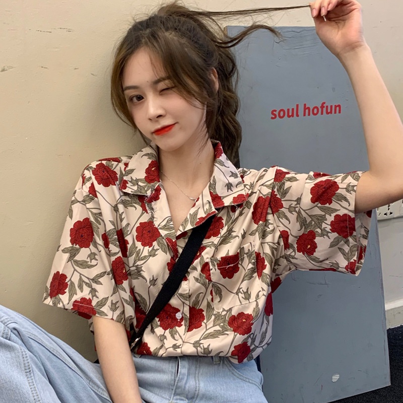 #Sisjuly# Lengan Pendek Floral Kemeja Wanita Desain Hong Kong Gaya Korea2022Retro Hong Kong Peri Gaya Barat To
