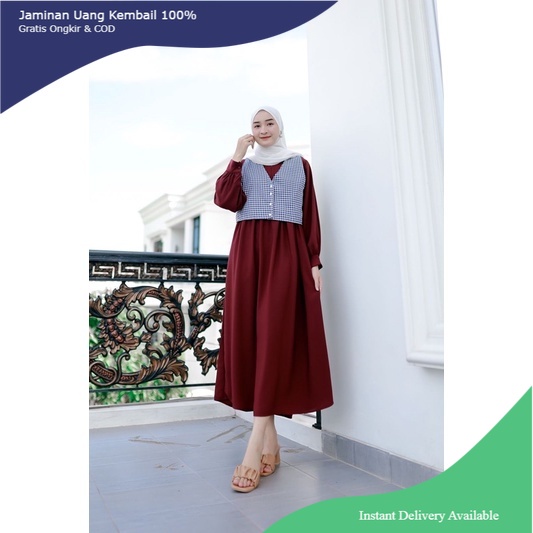 Ready Sami Midi Dress Tunik Wanita Busui Polos Corina Sweding Premium (Dress dua looks vest terpisah