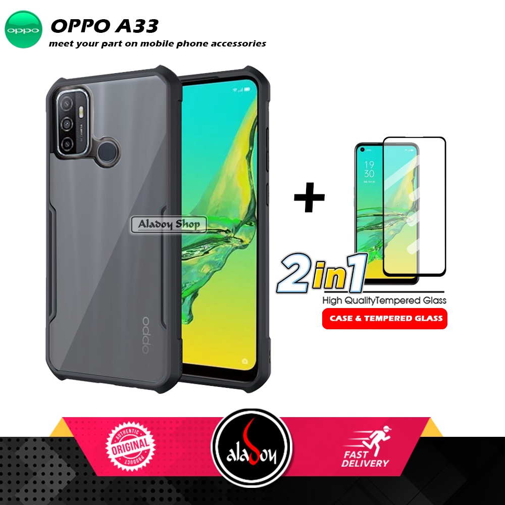 PAKET 2 IN 1 Case Oppo A33 Armor Fusion Transparent Prmium Casing Free Tempered Glass