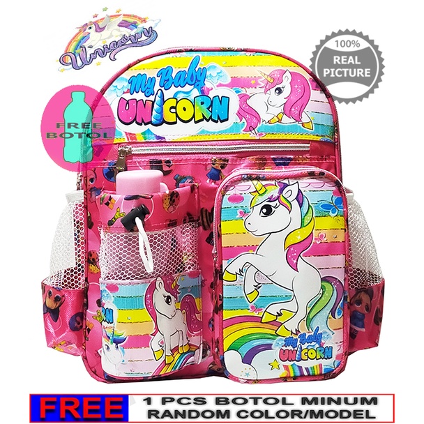 Tas Ransel Mini anak Sekolah PAUD/TK karakter UNICORN free botol // Tas ransel ngaji UNICORN