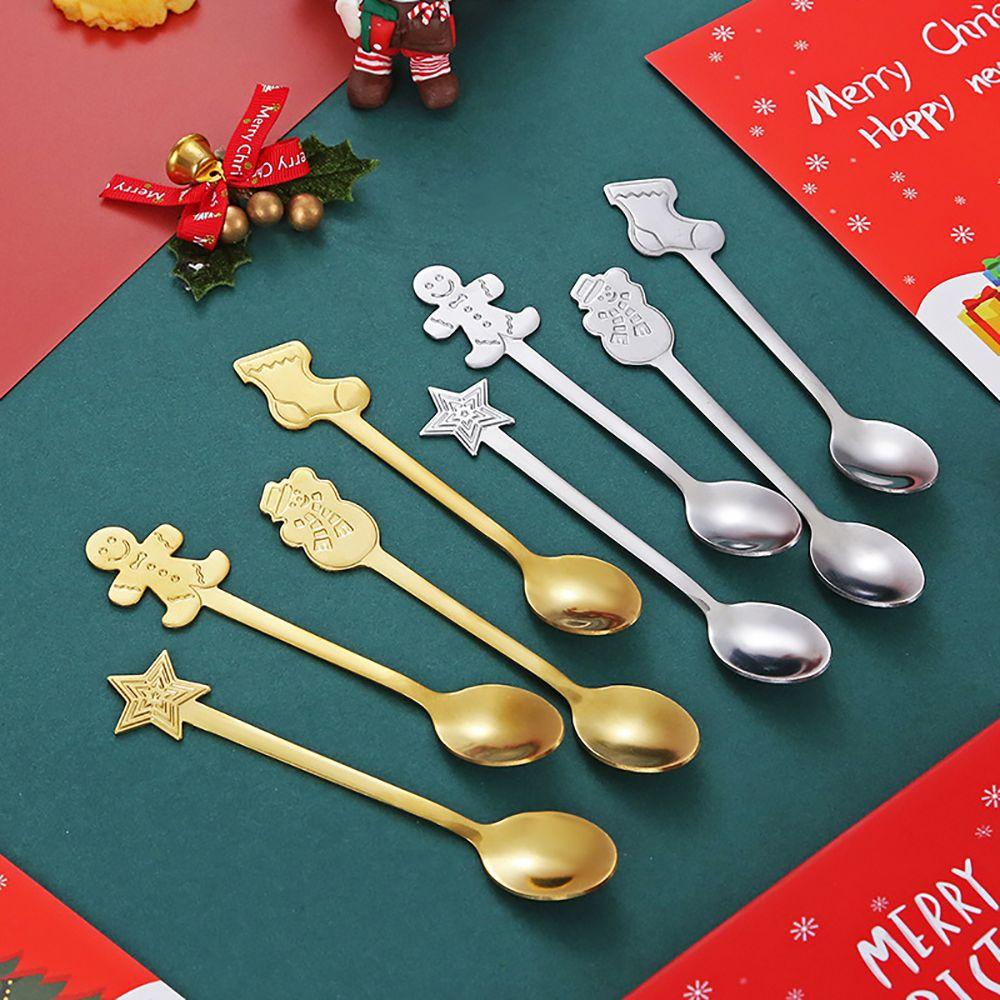 Solighter 4PCS Sendok Natal Perlengkapan Dapur &amp; Makan Xmas Stainless Steel Gingerbread Man Tea Scoop