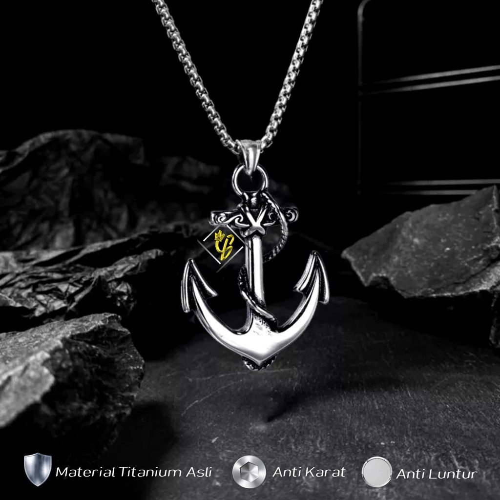 TERLARIS Kalung Pria Titanium Anti Karat Liontin Jangkar Asli Warna Gold Silver Perak Emas Putih Ker