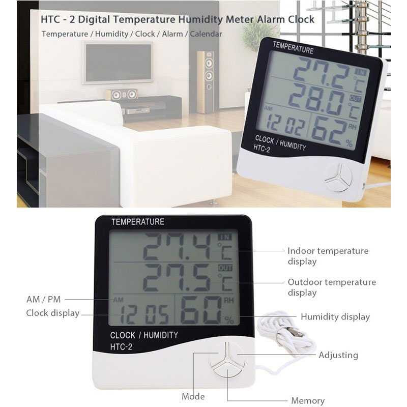 FatihShop Taffware Digital Temperature Humidity Meter Clock Alarm Calender HTC-2