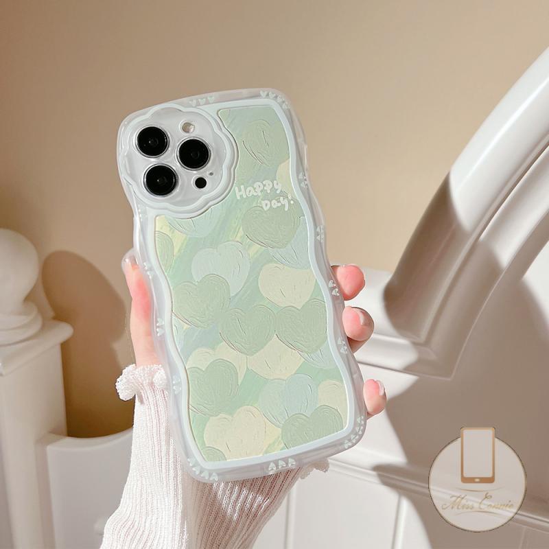 Soft Case Pelindung Lensa Kamera Motif Lukisan Minyak Hati Hijau Untuk iPhone 7 8 6 6S Plus 11 12 13 Pro MAX XR SE 2020 X XS MAX