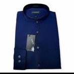 Kemeja Alisan Biru Navy List Tengah Kerah Sanghai/Kerah Koko Lengan Panjang Slimfit