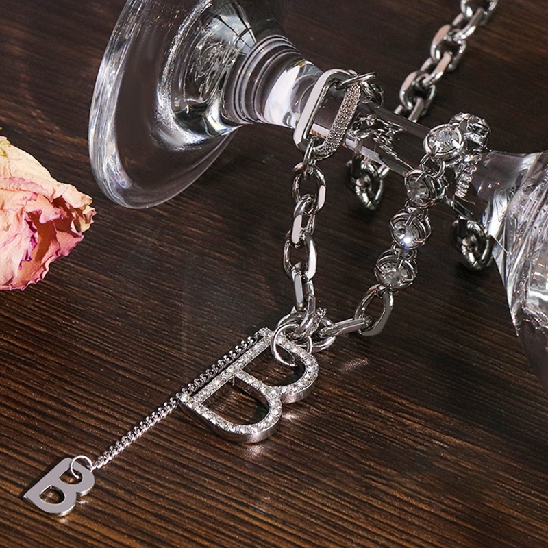 Fancyqube Kalung Rantai Klavikula Desain Huruf B Warna Silver Gaya Punk Untuk Aksesoris Sweater Wanita