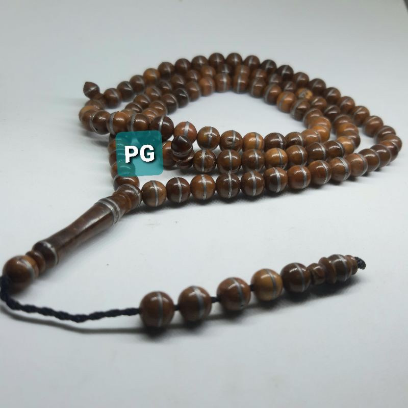 Tasbih Kaoka Coklat Hias Logam Putih Asli 100butir 8mm