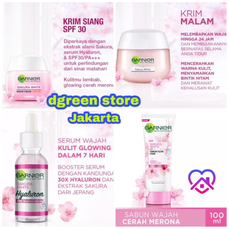 Garnier Sakura White Booster Serum 30ml / Krim Siang /Malam 50ml / Sabun Muka 100ml / Essence 120ml