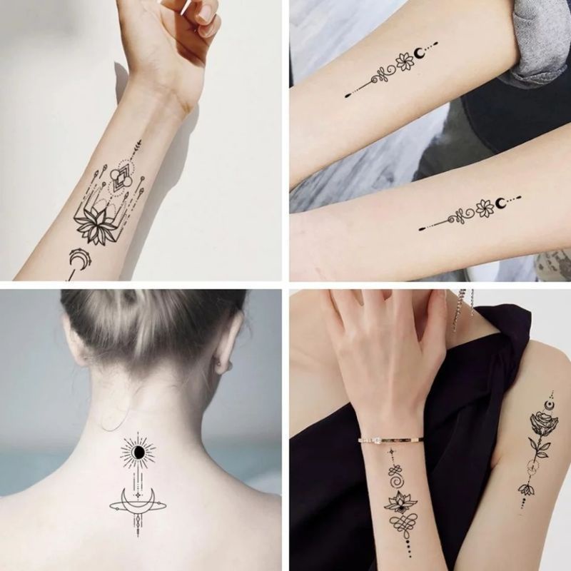Tatto temporer Teratai Bulan bunga black ink / Temporary tattoo sticker Teratai Moon flower black in